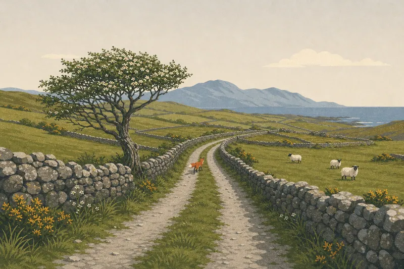 A stone-walled lane winding through green fields toward the sea, with a fox trotting along it.